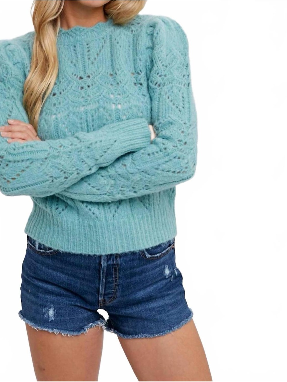 $70 BLUIVY Puff Sleeve Pointelle Knit Sweater